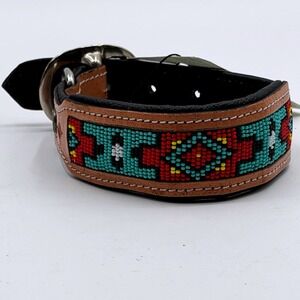 Myra Poppy of the Plains Beaded Leather Dog Collar Turquoise Western Small